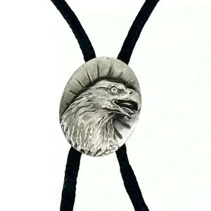 Boho Southwestern Black Bolo Tie -  Silver Metal Eagle Head, Retro Cowboy Style
